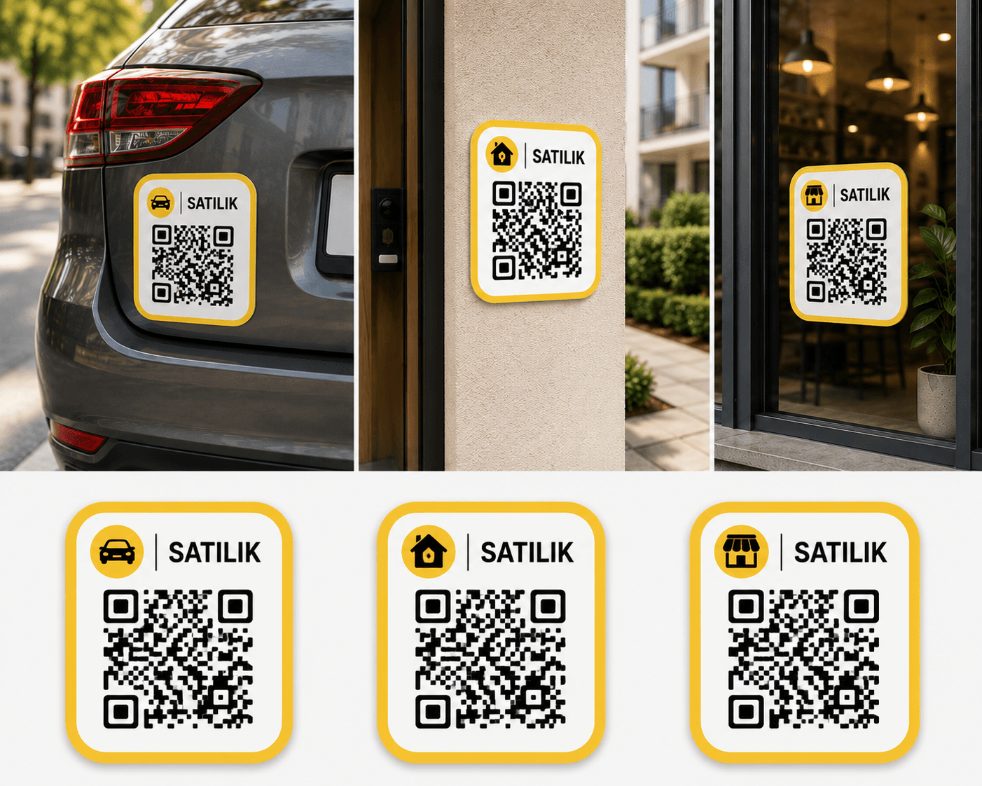 Araç, ev ve dükkanda kullanılan qrla.app QR etiketi